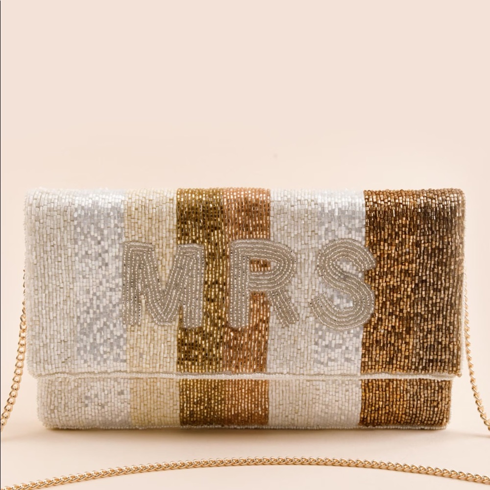 Francesca's Collections Beaded 'MRS' Clutch in White, Gold, and Bronze